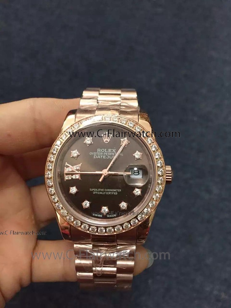 Replica Rolex Datejust Watch Rose Gold Star Diamond Bezel